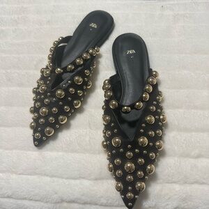 Zara Black Mules with Gold Accents